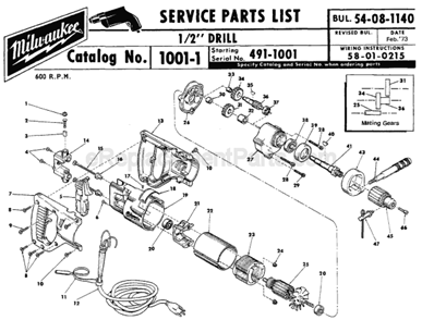 Page A Diagram and Parts List for 1001-1 SER 491-1001 Milwaukee Electric Drill