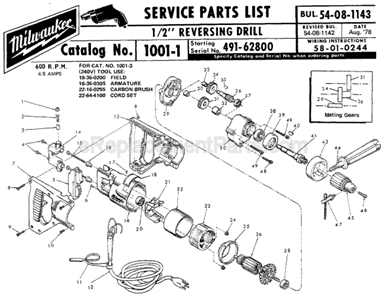 Page A Diagram and Parts List for 1001-1 SER 491-62800 Milwaukee Electric Drill