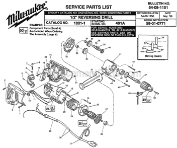 Page A Diagram and Parts List for 1001-1 SER 491A Milwaukee Electric Drill