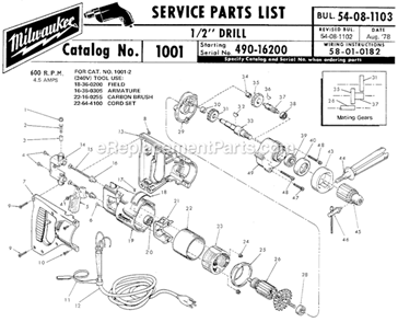 Page A Diagram and Parts List for 1001 SER 490-16200 Milwaukee Electric Drill