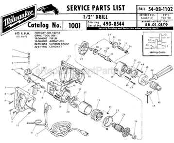 Page A Diagram and Parts List for 1001 SER 490-8544 Milwaukee Electric Drill