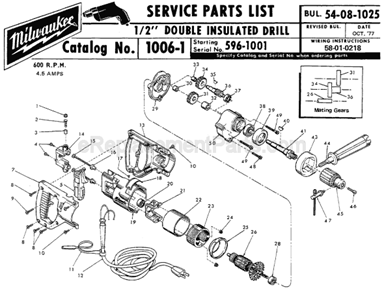 Page A Diagram and Parts List for 1006-1 SER 596-1001 Milwaukee Electric Drill