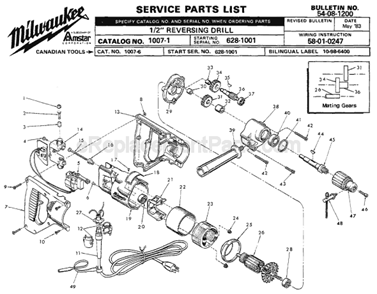 Page A Diagram and Parts List for 1007-1 SER 628-1001 Milwaukee Electric Drill