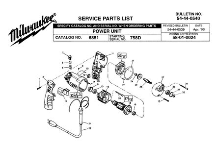 Fig-0 Diagram and Parts List for 6851 758D Milwaukee Electric Drill
