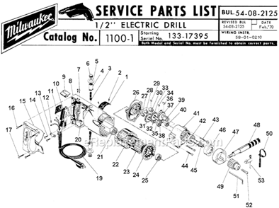 Page A Diagram and Parts List for 1100-1 SER 133-17395 Milwaukee Electric Drill