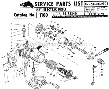 Page A Diagram and Parts List for 1100 SER 14-73340 Milwaukee Electric Drill