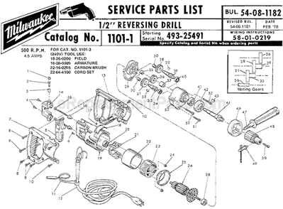 Page A Diagram and Parts List for 1101-1 SER 493-25491 Milwaukee Electric Drill