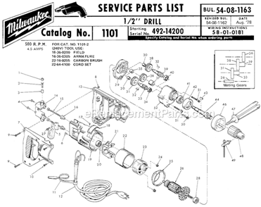Page A Diagram and Parts List for 1101 SER 492-14200 Milwaukee Electric Drill