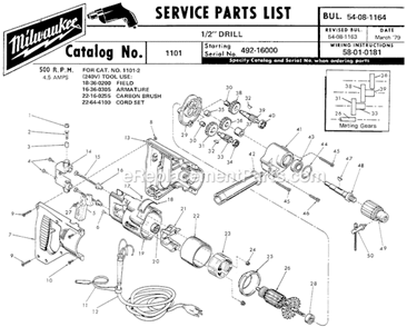 Page A Diagram and Parts List for 1101 SER 492-16000 Milwaukee Electric Drill