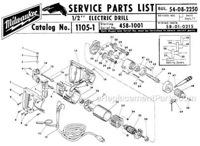 Page A Diagram and Parts List for 1105-1 SER 458-1001 Milwaukee Electric Drill