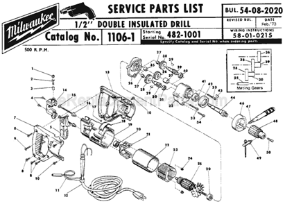 Page A Diagram and Parts List for 1106-1 SER 482-1001 Milwaukee Electric Drill