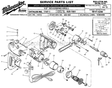 Page A Diagram and Parts List for 1107-1 SER 629-1001 Milwaukee Electric Drill