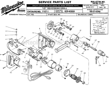 Page A Diagram and Parts List for 1107-1 SER 629-40000 Milwaukee Electric Drill