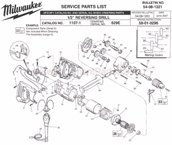 Page A Diagram and Parts List for 1107-1 SER 629E Milwaukee Electric Drill