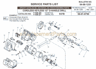 Page A Diagram and Parts List for 1108-20 SER 937B Milwaukee Cordless Drill