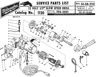 Page A Diagram and Parts List for 1120 SER 306-3001 Milwaukee Electric Drill