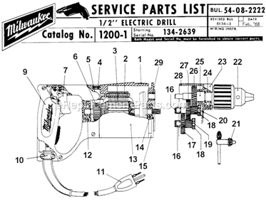 Page A Diagram and Parts List for 1200-1 SER 134-2639 Milwaukee Electric Drill
