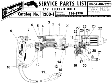 Page A Diagram and Parts List for 1200-1 SER 134-4990 Milwaukee Electric Drill