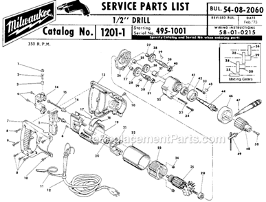 Page A Diagram and Parts List for 1201-1 SER 495-1001 Milwaukee Electric Drill
