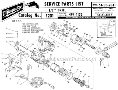 Page A Diagram and Parts List for 1201 SER 494-1152 Milwaukee Electric Drill
