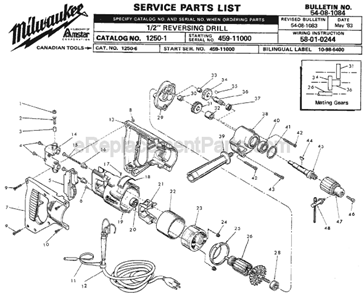 Page A Diagram and Parts List for 1250-1 SER 459-11000 Milwaukee Electric Drill