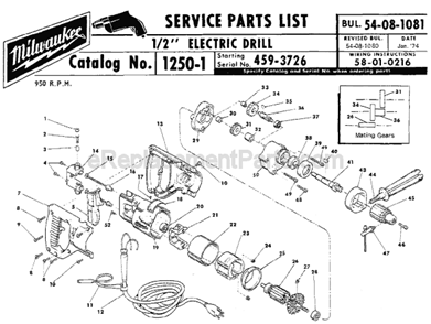Page A Diagram and Parts List for 1250-1 SER 459-3726 Milwaukee Electric Drill