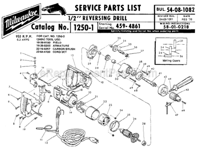Page A Diagram and Parts List for 1250-1 SER 459-4861 Milwaukee Electric Drill