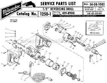 Page A Diagram and Parts List for 1250-1 SER 459-8900 Milwaukee Electric Drill