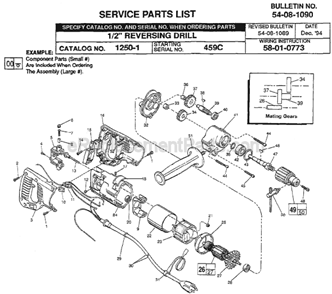 Page A Diagram and Parts List for 1250-1 SER 459C Milwaukee Electric Drill