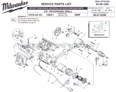 Page A Diagram and Parts List for 1250-1 SER 459F Milwaukee Electric Drill