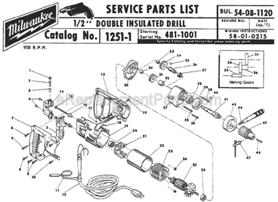 Page A Diagram and Parts List for 1251-1 SER 481-1001 Milwaukee Electric Drill