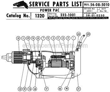 Page A Diagram and Parts List for 1320 SER 232-1001 Milwaukee Cordless Drill