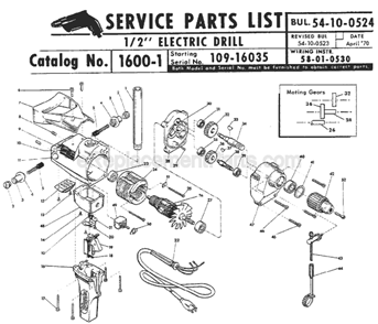 Page A Diagram and Parts List for 1600-1 SER 109-16035 Milwaukee Electric Drill