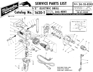 Page A Diagram and Parts List for 1620-1 SER 313-4041 Milwaukee Electric Drill