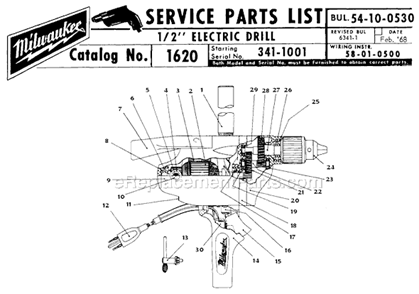 Page A Diagram and Parts List for 1620 SER 341-1001 Milwaukee Electric Drill