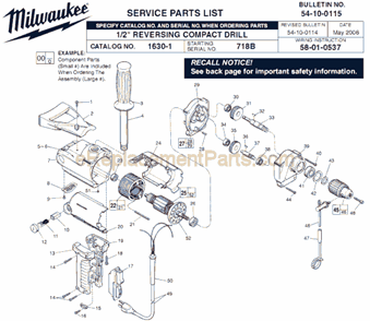 Page A Diagram and Parts List for 1630-1 SER 718B Milwaukee Electric Drill