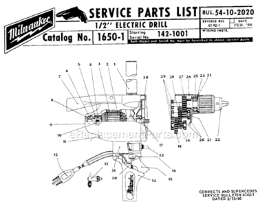 Page A Diagram and Parts List for 1650-1 SER 142-1001 Milwaukee Electric Drill