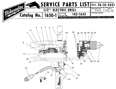 Page A Diagram and Parts List for 1650-1 SER 142-1633 Milwaukee Electric Drill