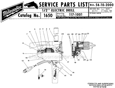 Page A Diagram and Parts List for 1650 SER 117-1001 Milwaukee Electric Drill