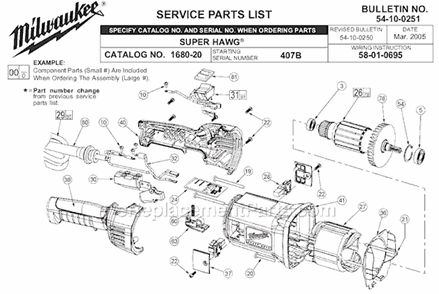 Page A Diagram and Parts List for 1680-20 SER 407B Milwaukee Electric Drill