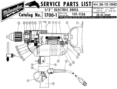 Page A Diagram and Parts List for 1700-1 SER 131-1136 Milwaukee Electric Drill