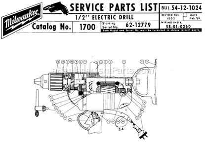 Page A Diagram and Parts List for 1700 SER 62-12779 Milwaukee Electric Drill