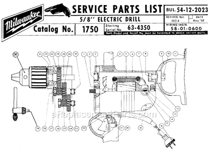 Page A Diagram and Parts List for 1750 SER 63-4350 Milwaukee Electric Drill