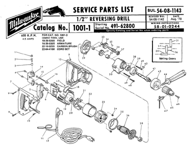 Fig-0 Diagram and Parts List for 1001-1 49168200 Milwaukee Electric Drill