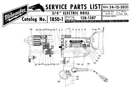 Page A Diagram and Parts List for 1850-1 SER 128-1387 Milwaukee Electric Drill