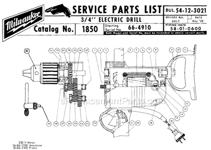 Page A Diagram and Parts List for 1850 SER 66-4910 Milwaukee Electric Drill