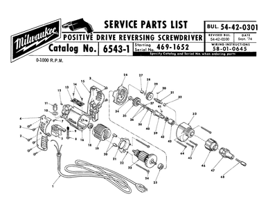 Fig-0 Diagram and Parts List for 6543-3 469-1652 Milwaukee Electric Drill