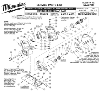 Fig-0 Diagram and Parts List for 0730-20 A57C Milwaukee Saw