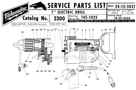 Page A Diagram and Parts List for 2300 SER 145-1025 Milwaukee Electric Drill