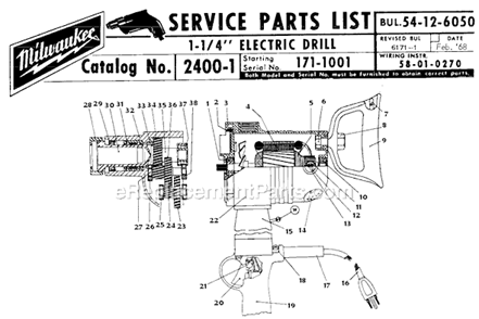 Page A Diagram and Parts List for 2400-1 SER 171-1001 Milwaukee Electric Drill
